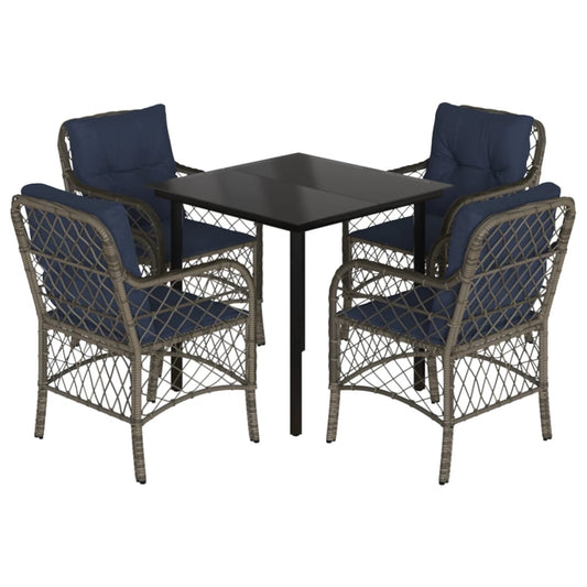 5 Piece Garden Dining Set with Cushions Grey Poly Rattan 80 cm table length Round leg 4