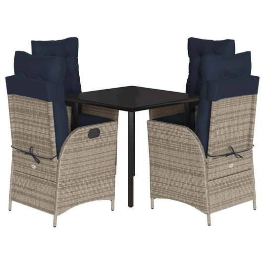 5 Piece Garden Dining Set with Cushions Grey Poly Rattan 80 cm table length Round leg 4