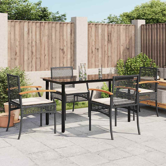 5 Piece Garden Dining Set with Cushions Poly Rattan Black 140 cm table length 4