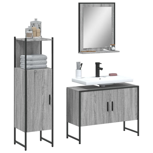 3 Piece Bathroom Cabinet Set Engineered Wood Grey sonoma
