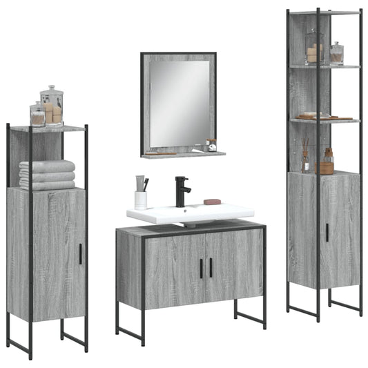 4 Piece Bathroom Cabinet Set Engineered Wood Grey sonoma