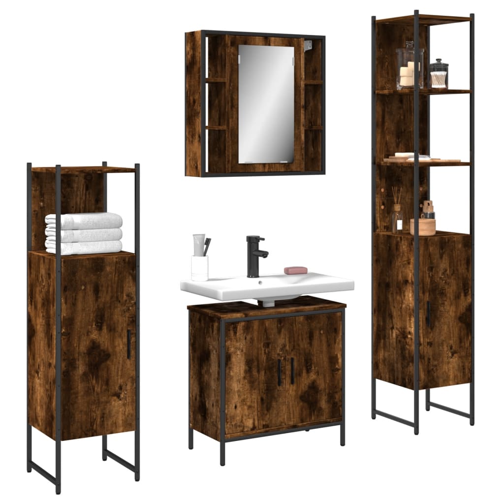 4 Piece Bathroom Cabinet Set Engineered Wood Smoked oak