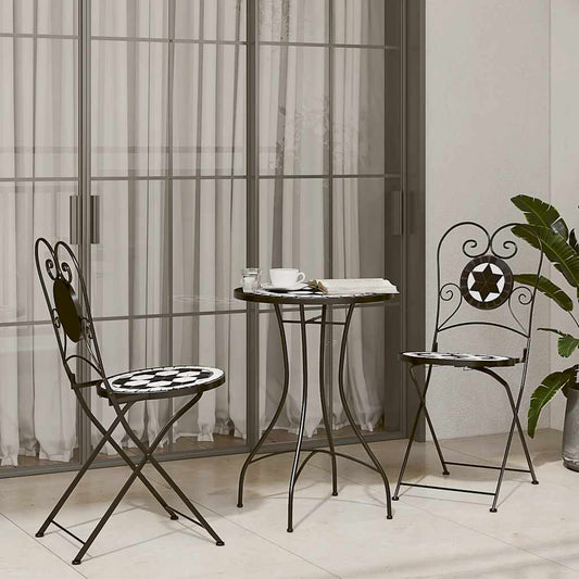 3 Piece Bistro Set Ceramic Tile Black and white Round table