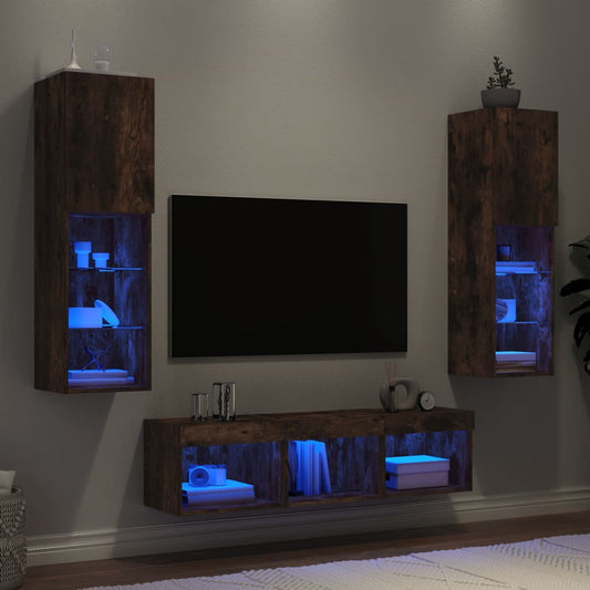 5 Piece TV Wall Units with LED Engineered Wood Smoked oak