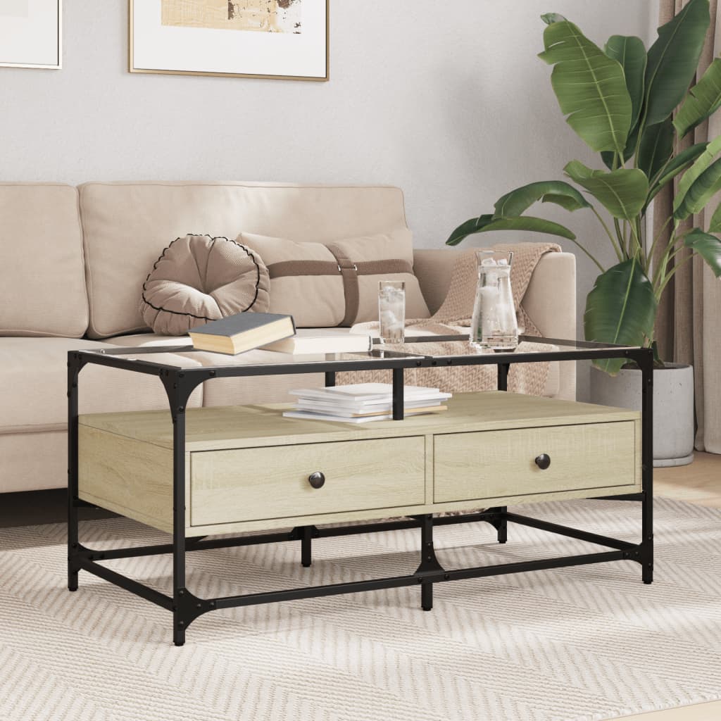 Coffee Table with Glass Top 98,5x50x45 cm Steel Sonoma oak