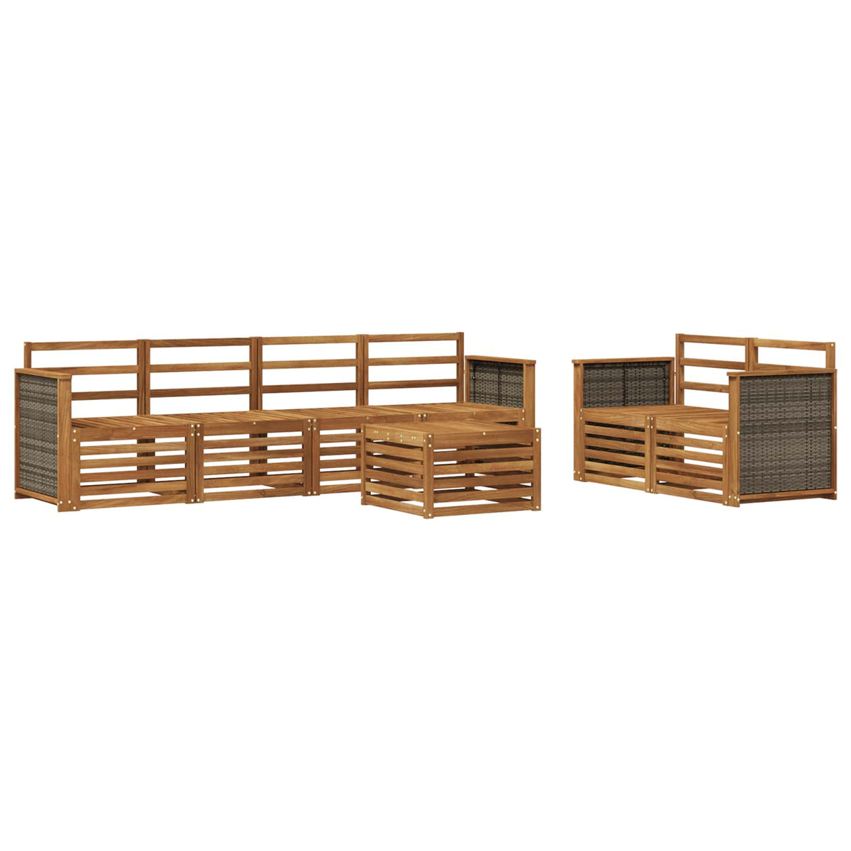 Outdoor Sofa Set 7 pcs Solid Acacia Wood Natural Wooden frame with grey rattan