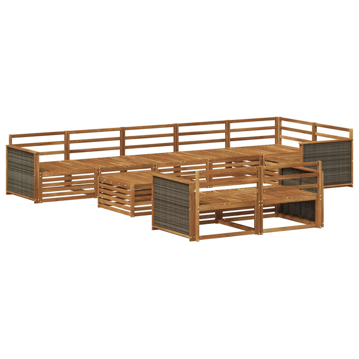 Outdoor Sofa Set 9 pcs Natural Solid Acacia Wood Wooden frame with grey rattan