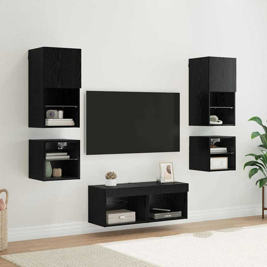 8 Piece TV Wall Units with LED Engineered Wood Black oak