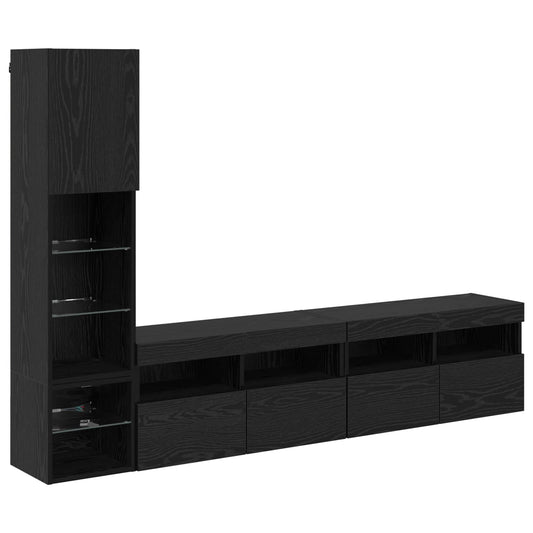 4 Piece TV Wall Units with LED Engineered Wood Black oak