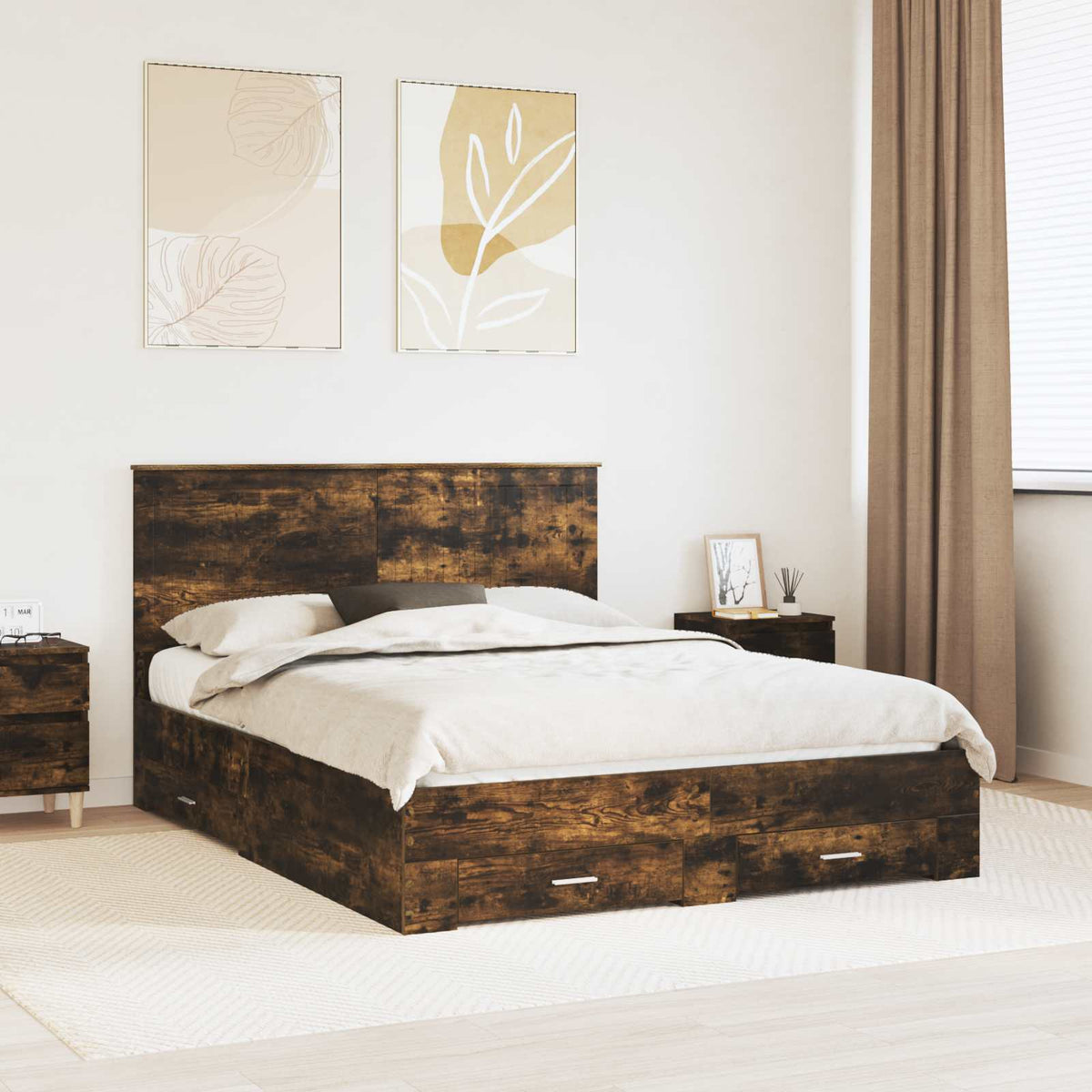 Bed Frame with Drawer Engineered Wood Length 200 cm Smoked Oak 150 cm