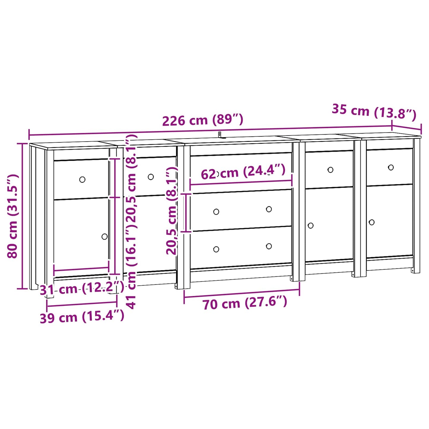vidaXL Sideboard 5 pcs Wax Brown 226 x 35 x 80 cm Solid Pine Wood 6