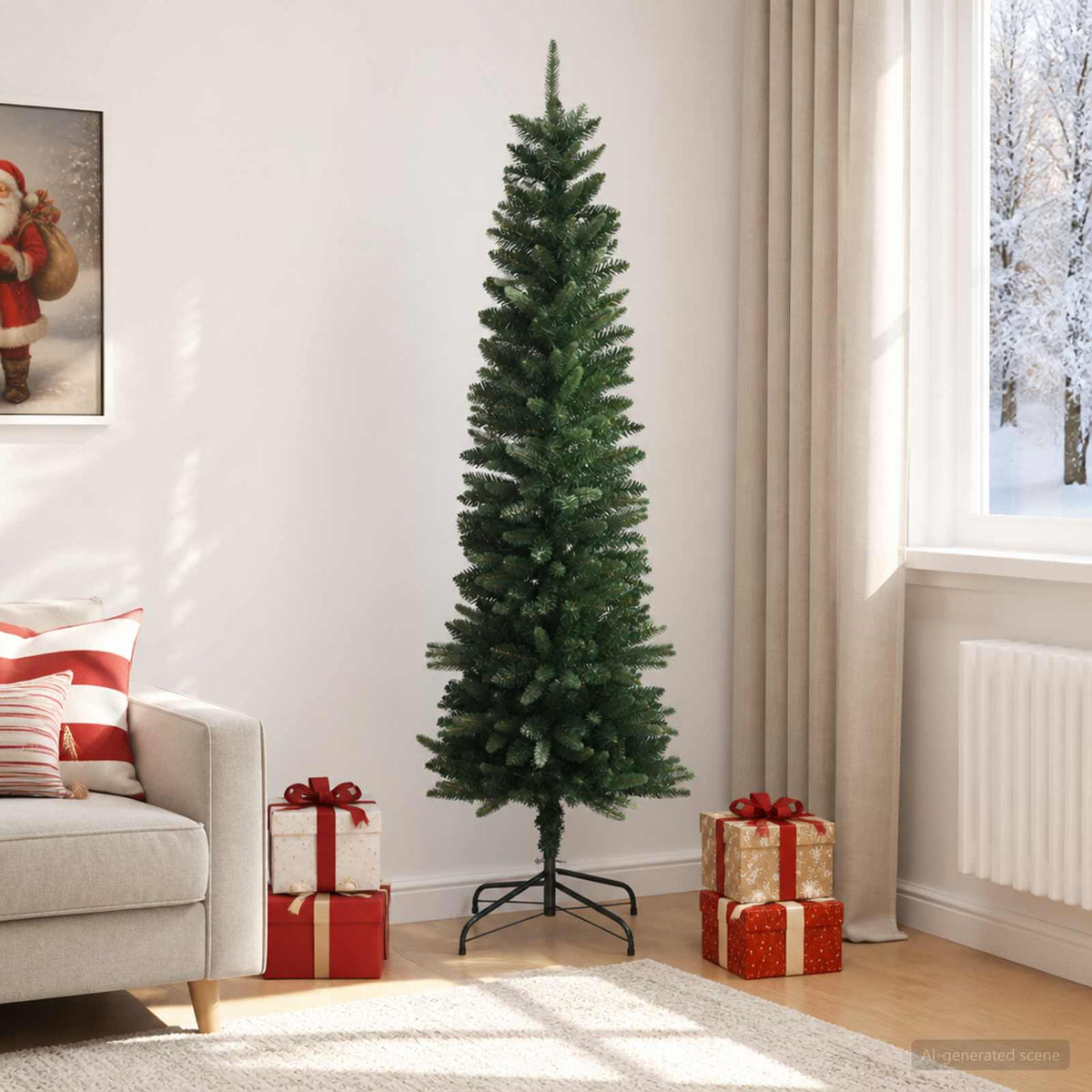 Artificial Slim Christmas Tree with Bauble 300 LEDs Green 210 cm without LED
