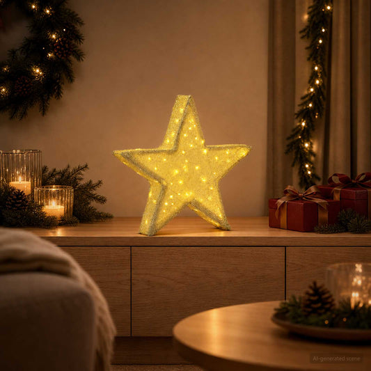 3D Christmas Star Warm White 55 x 52.5 x 10 cm Gold fabric