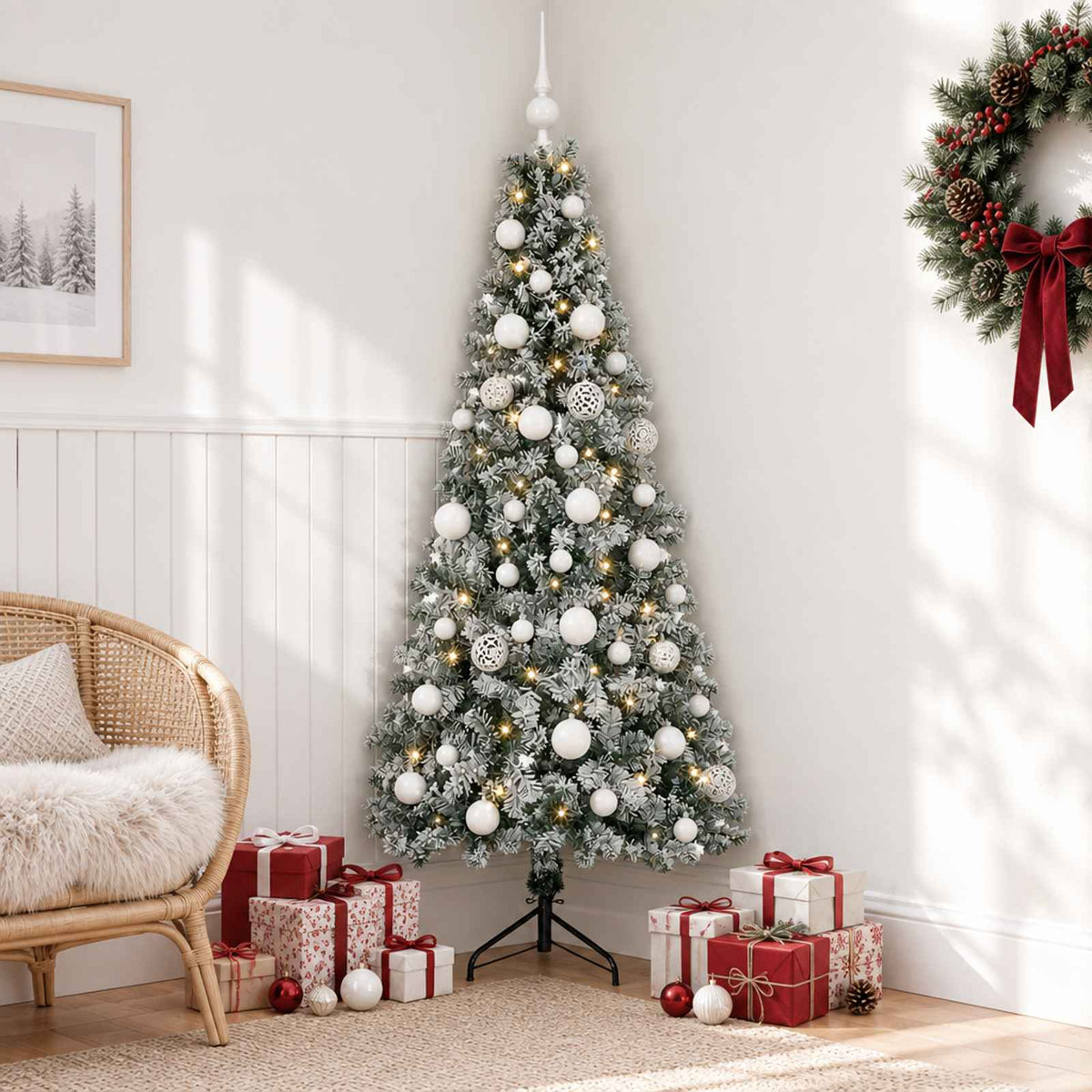 Artificial Christmas Tree with Bauble 150 LEDs 150 cm with LEDs & white balls
