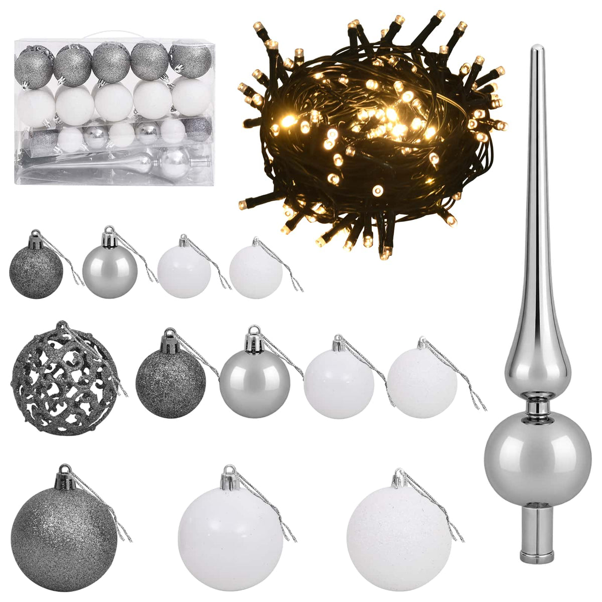 Artificial Slim Christmas Tree with Bauble 150 LEDs 150 cm with LEDs & white/grey balls