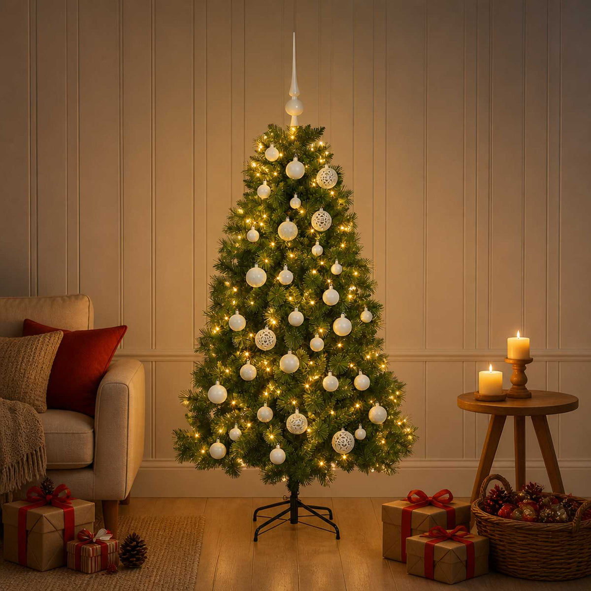 Artificial Christmas Tree with Bauble 150 LEDs 150 cm with LEDs & white balls