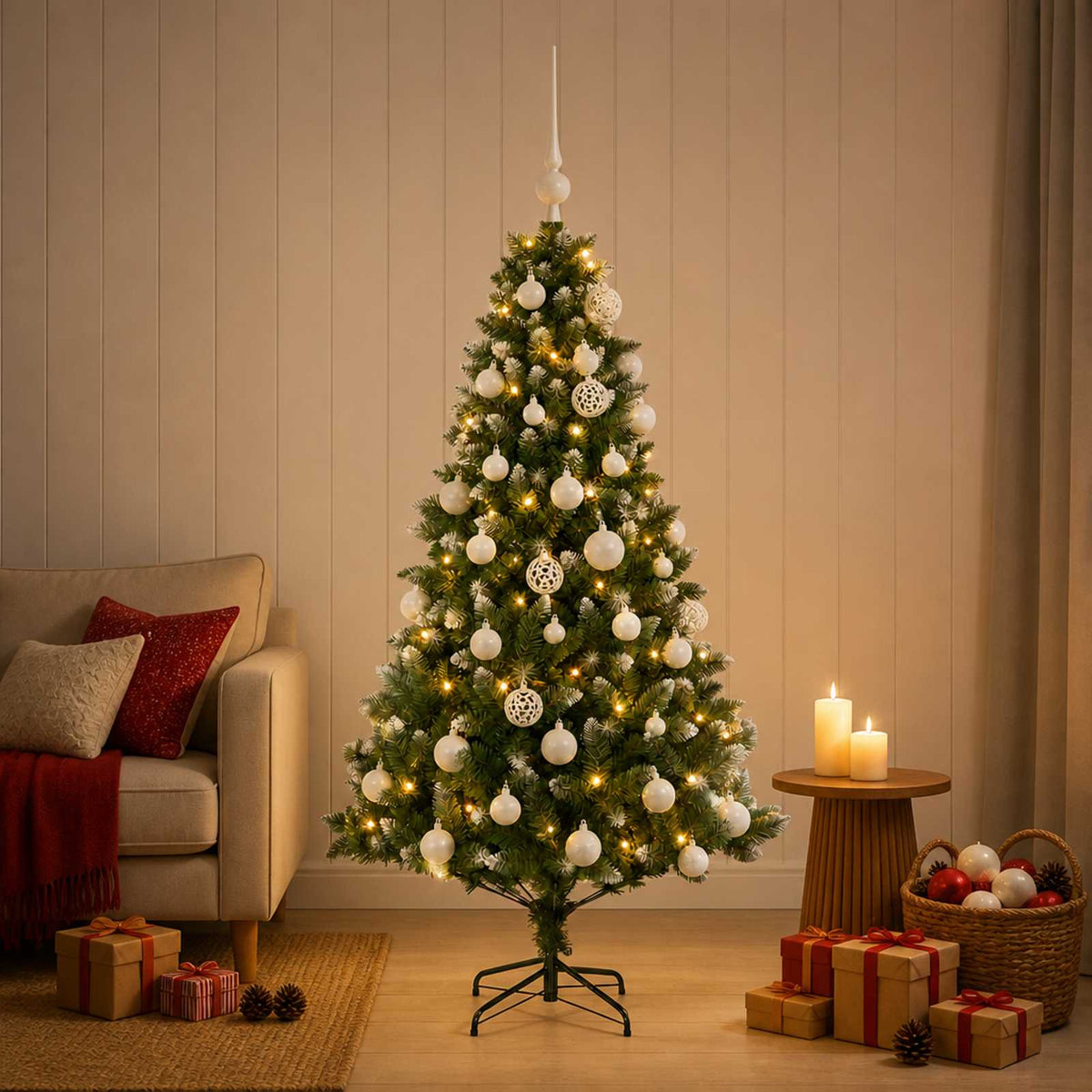 Artificial Christmas Tree with Bauble 150 LEDs 150 cm with LEDs & white balls