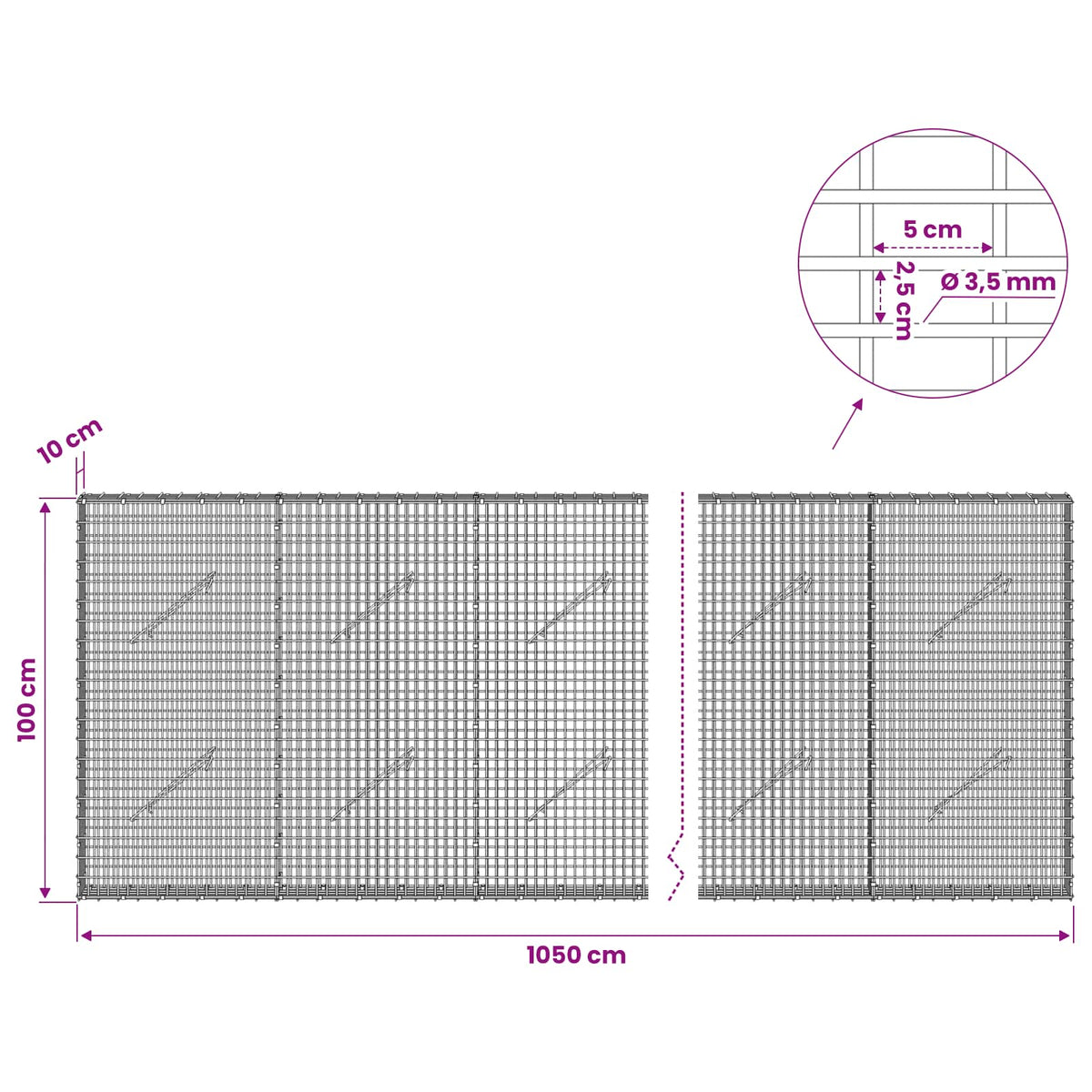vidaXL Gabion with 3.5 mm Wire and 5x2.5 cm Mesh 1050x10x100 cm 6