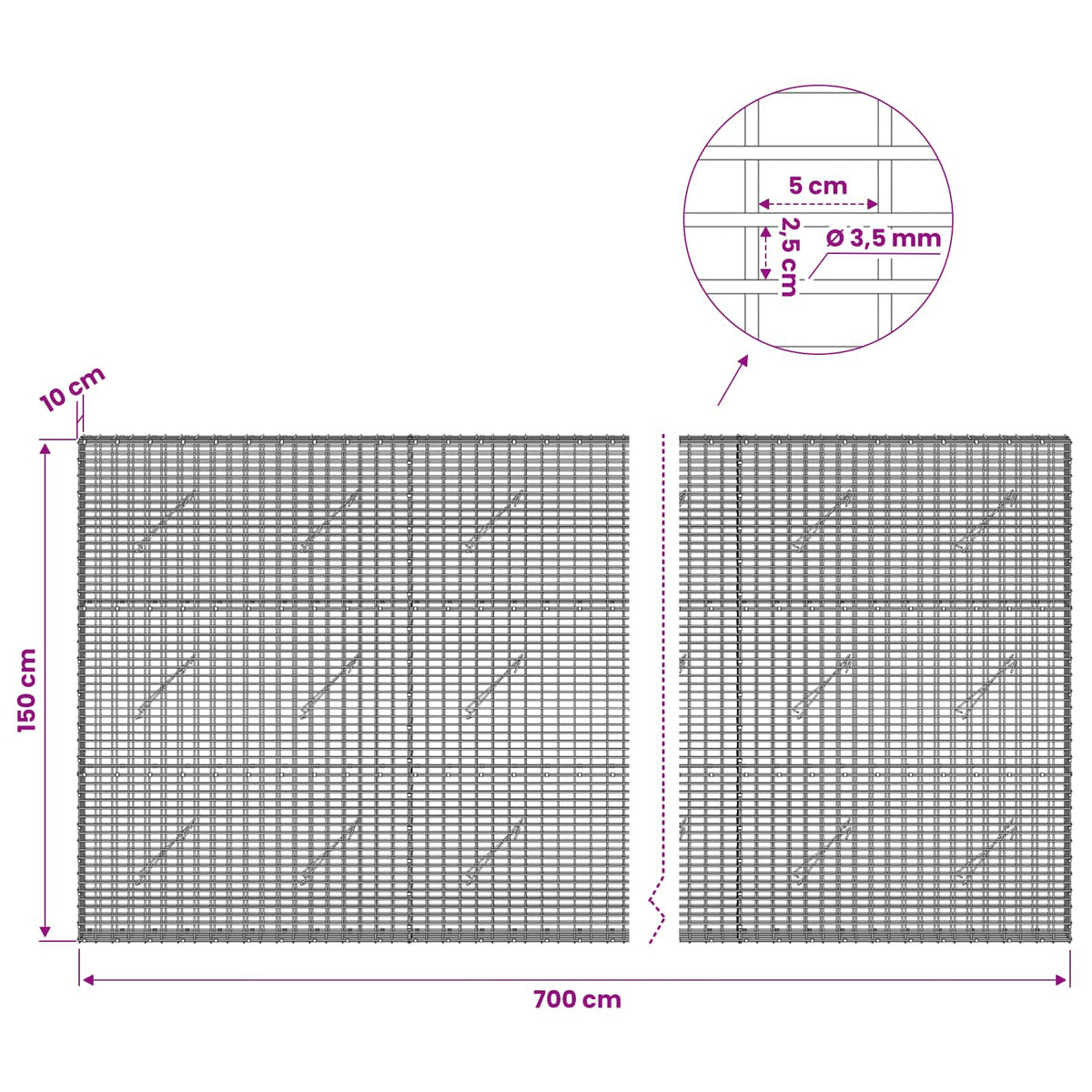 vidaXL Gabion with 3.5 mm Wire and 5x2.5 cm Mesh 700x10x150 cm 6