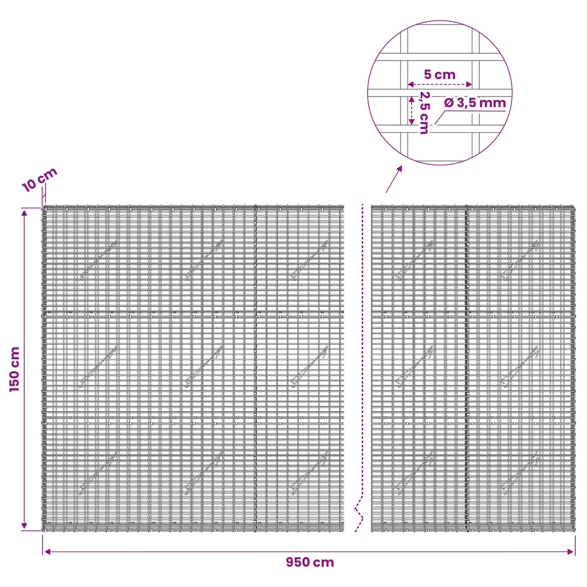 vidaXL Gabion with 3.5 mm Wire and 5x2.5 cm Mesh 950x10x150 cm 6