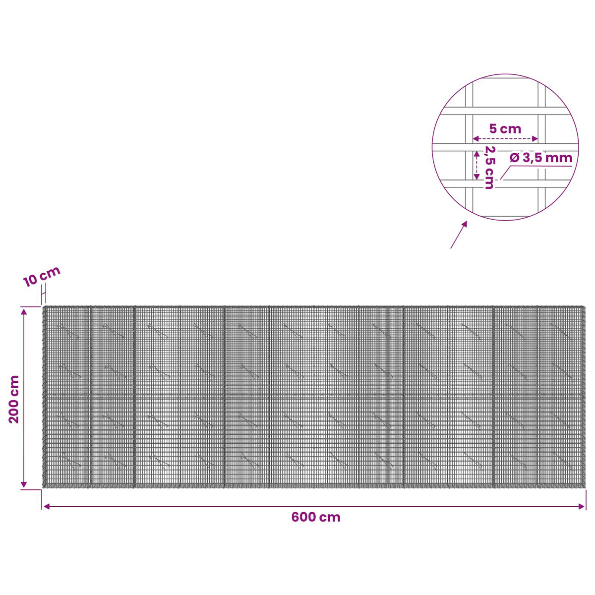 vidaXL Gabion with 3.5 mm Wire and 5x2.5 cm Mesh 600x10x200 cm 6