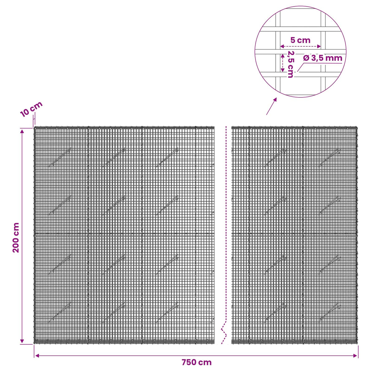 vidaXL Gabion with 3.5 mm Wire and 5x2.5 cm Mesh 750x10x200 cm 6