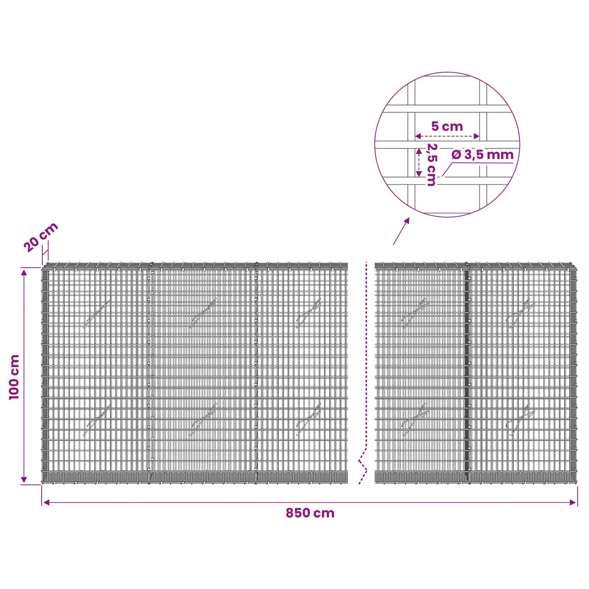 vidaXL Gabion with 3.5 mm Wire and 5x2.5 cm Mesh 850x20x100 cm 6