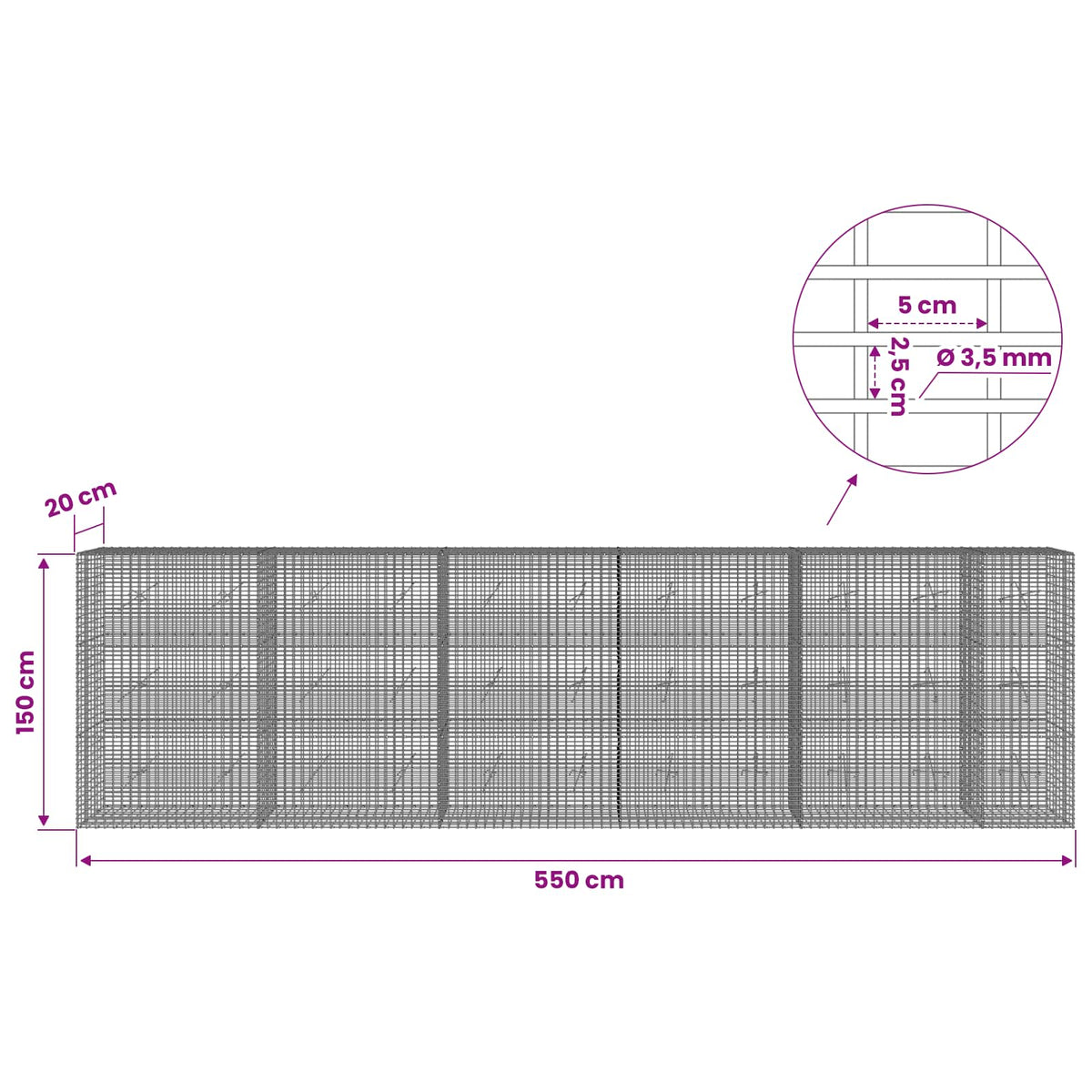vidaXL Gabion with 3.5 mm Wire and 5x2.5 cm Mesh 550x20x150 cm 6