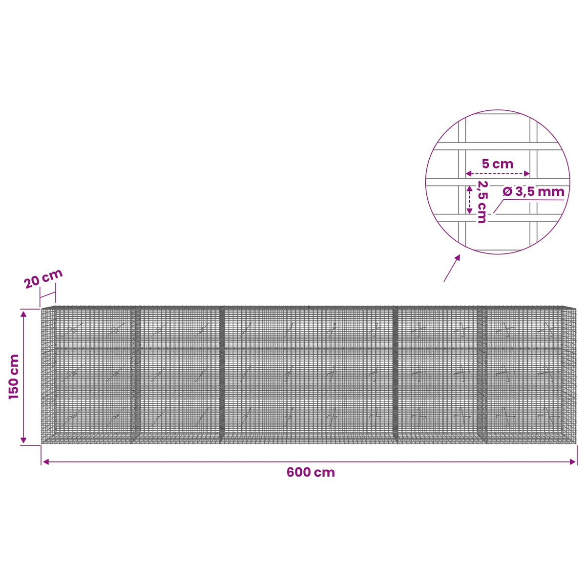 vidaXL Gabion with 3.5 mm Wire and 5x2.5 cm Mesh 600x20x150 cm 6