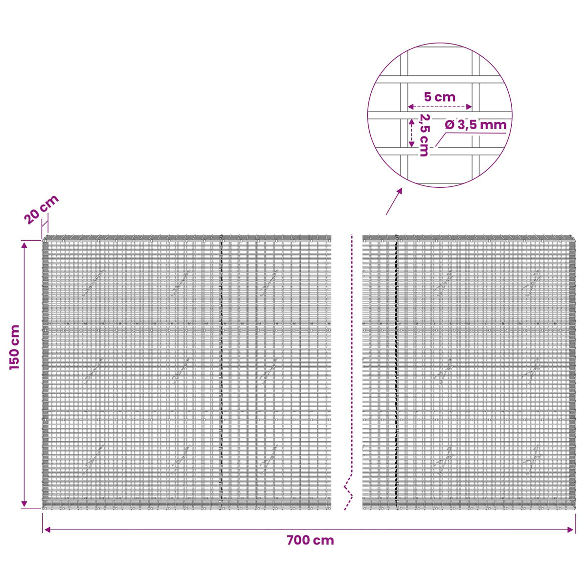 vidaXL Gabion with 3.5 mm Wire and 5x2.5 cm Mesh 700x20x150 cm 6