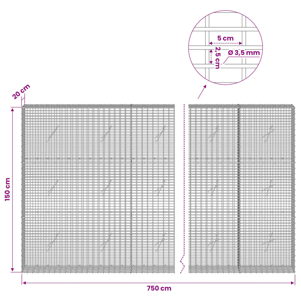vidaXL Gabion with 3.5 mm Wire and 5x2.5 cm Mesh 750x20x150 cm 6