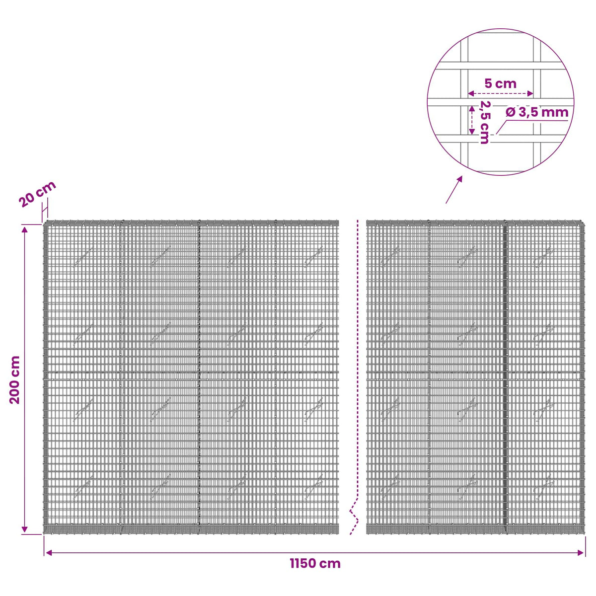 vidaXL Gabion with 3.5 mm Wire and 5x2.5 cm Mesh 1150x20x200 cm 6
