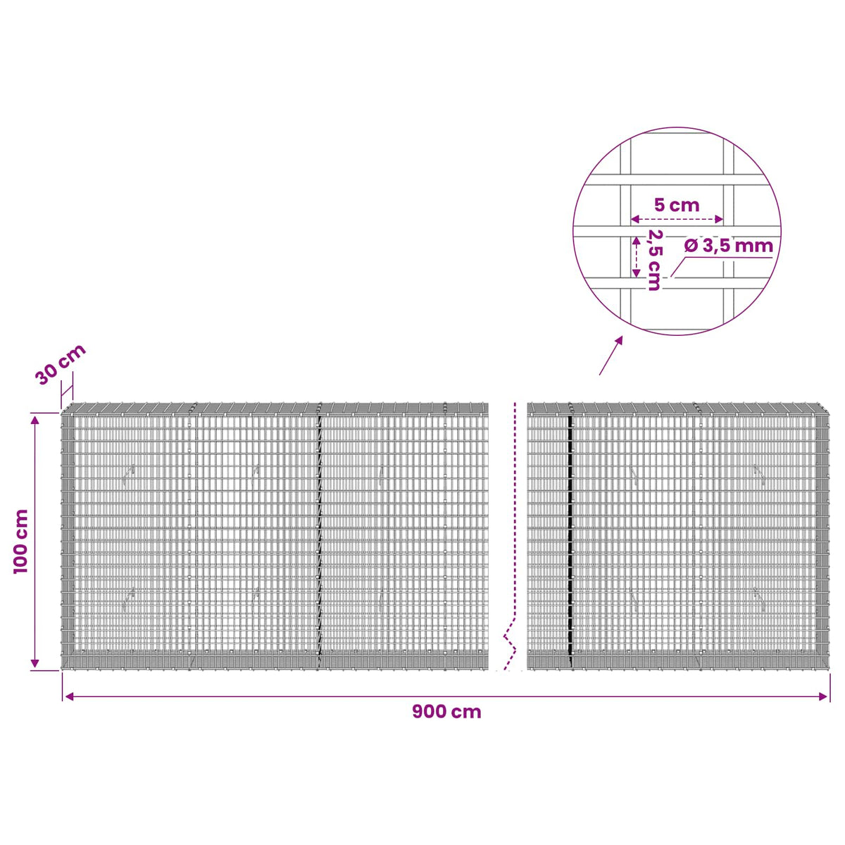 vidaXL Gabion with 3.5 mm Wire and 5x2.5 cm Mesh 900x30x100 cm 6