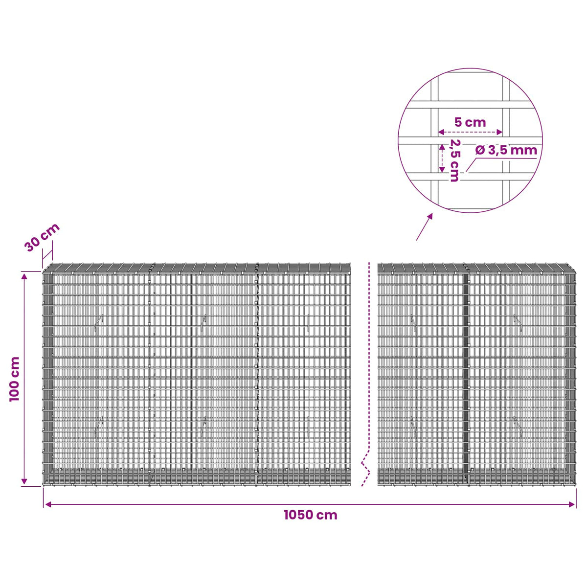 vidaXL Gabion with 3.5 mm Wire and 5x2.5 cm Mesh 1050x30x100 cm 6