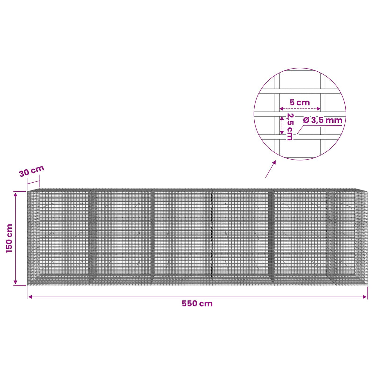 vidaXL Gabion with 3.5 mm Wire and 5x2.5 cm Mesh 550x30x150 cm 6