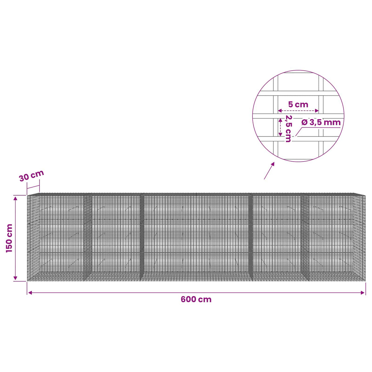 vidaXL Gabion with 3.5 mm Wire and 5x2.5 cm Mesh 600x30x150 cm 6
