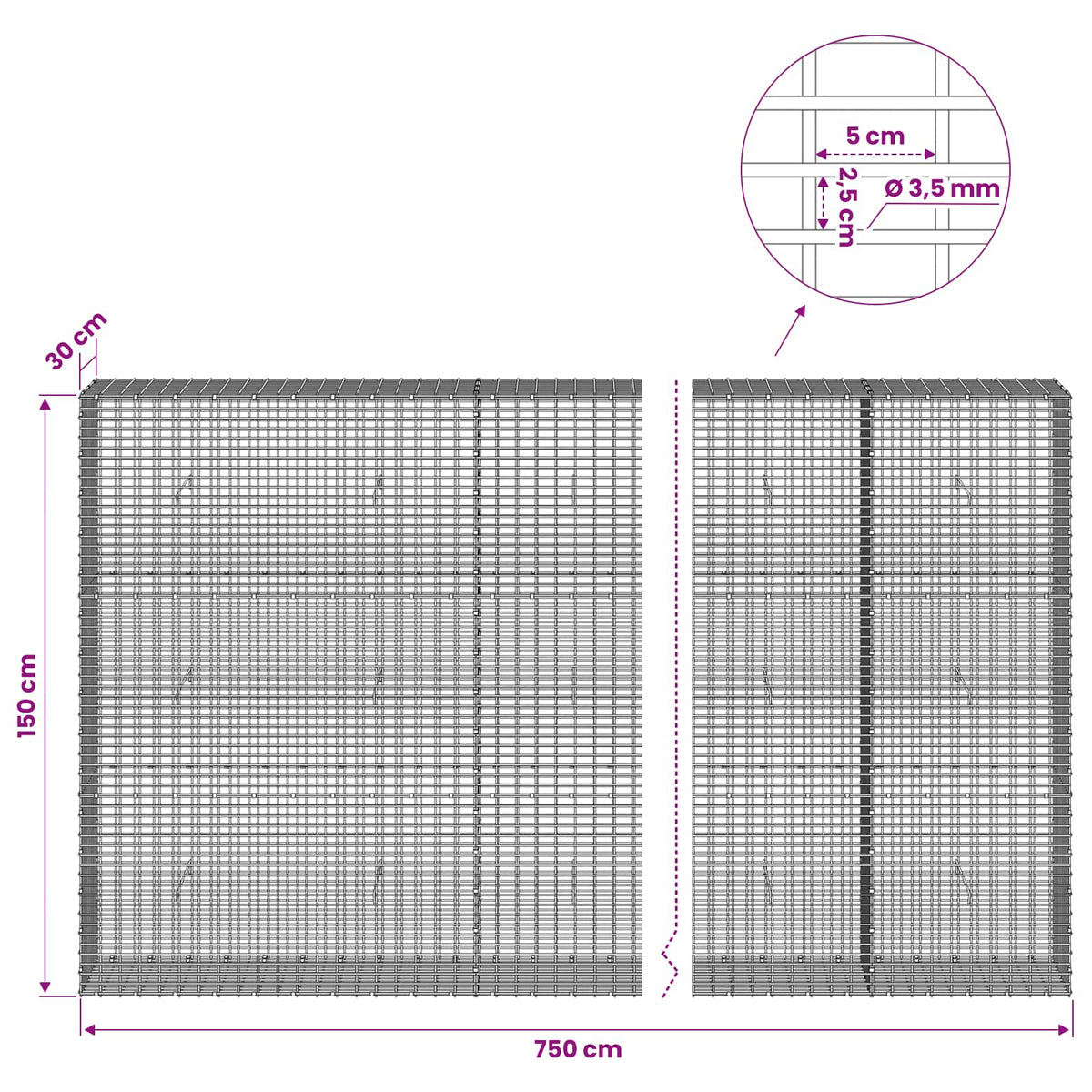 vidaXL Gabion with 3.5 mm Wire and 5x2.5 cm Mesh 750x30x150 cm 6