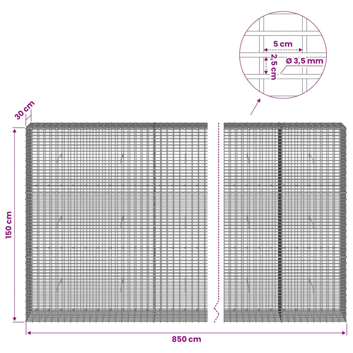 vidaXL Gabion with 3.5 mm Wire and 5x2.5 cm Mesh 850x30x150 cm 6