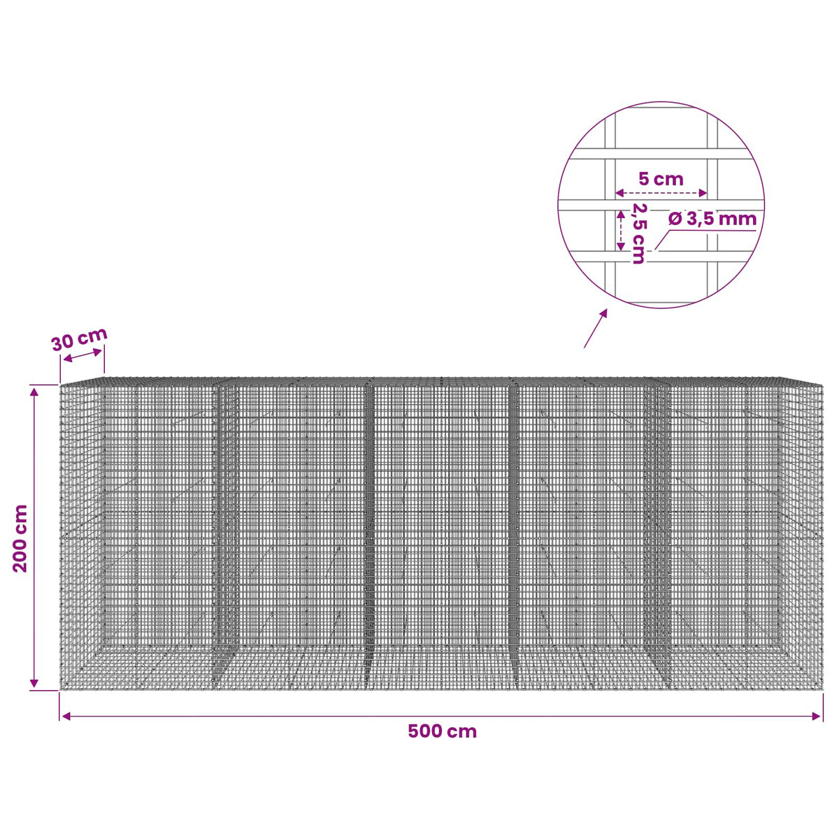 vidaXL Gabion with 3.5 mm Wire and 5x2.5 cm Mesh 500x30x200 cm 6