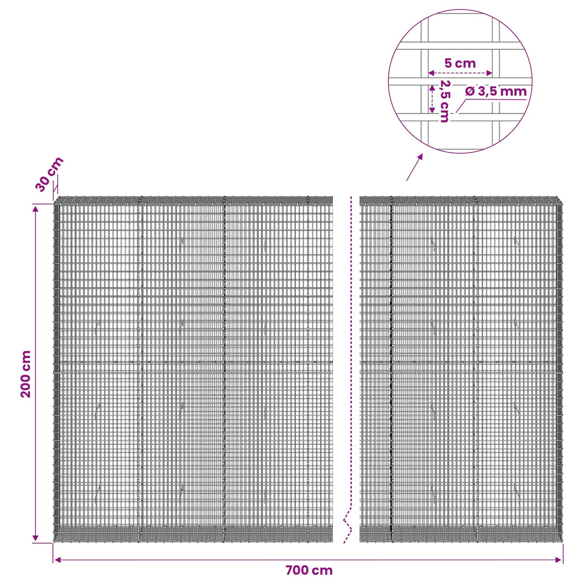vidaXL Gabion with 3.5 mm Wire and 5x2.5 cm Mesh 700x30x200 cm 6