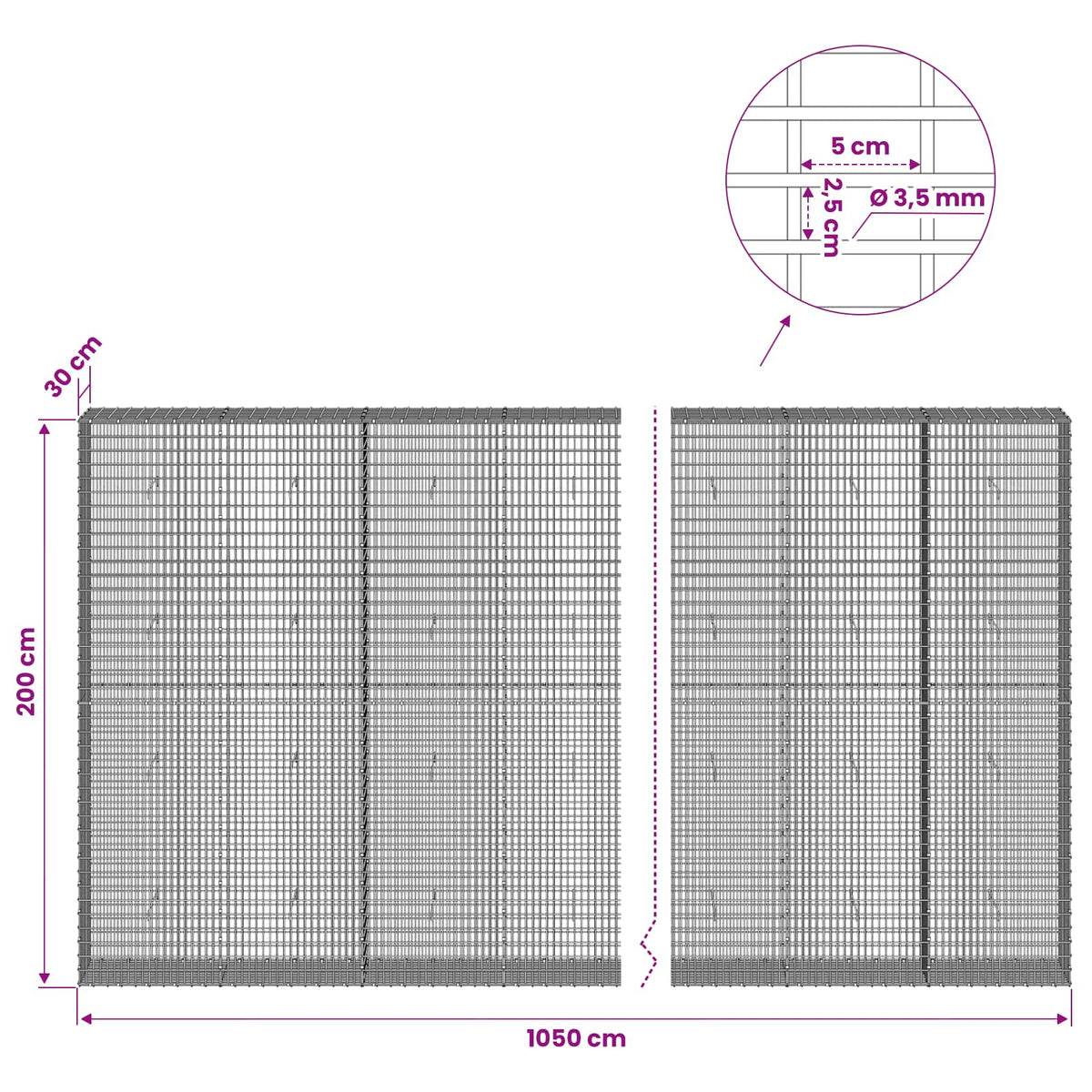 vidaXL Gabion with 3.5 mm Wire and 5x2.5 cm Mesh 1050x30x200 cm 6