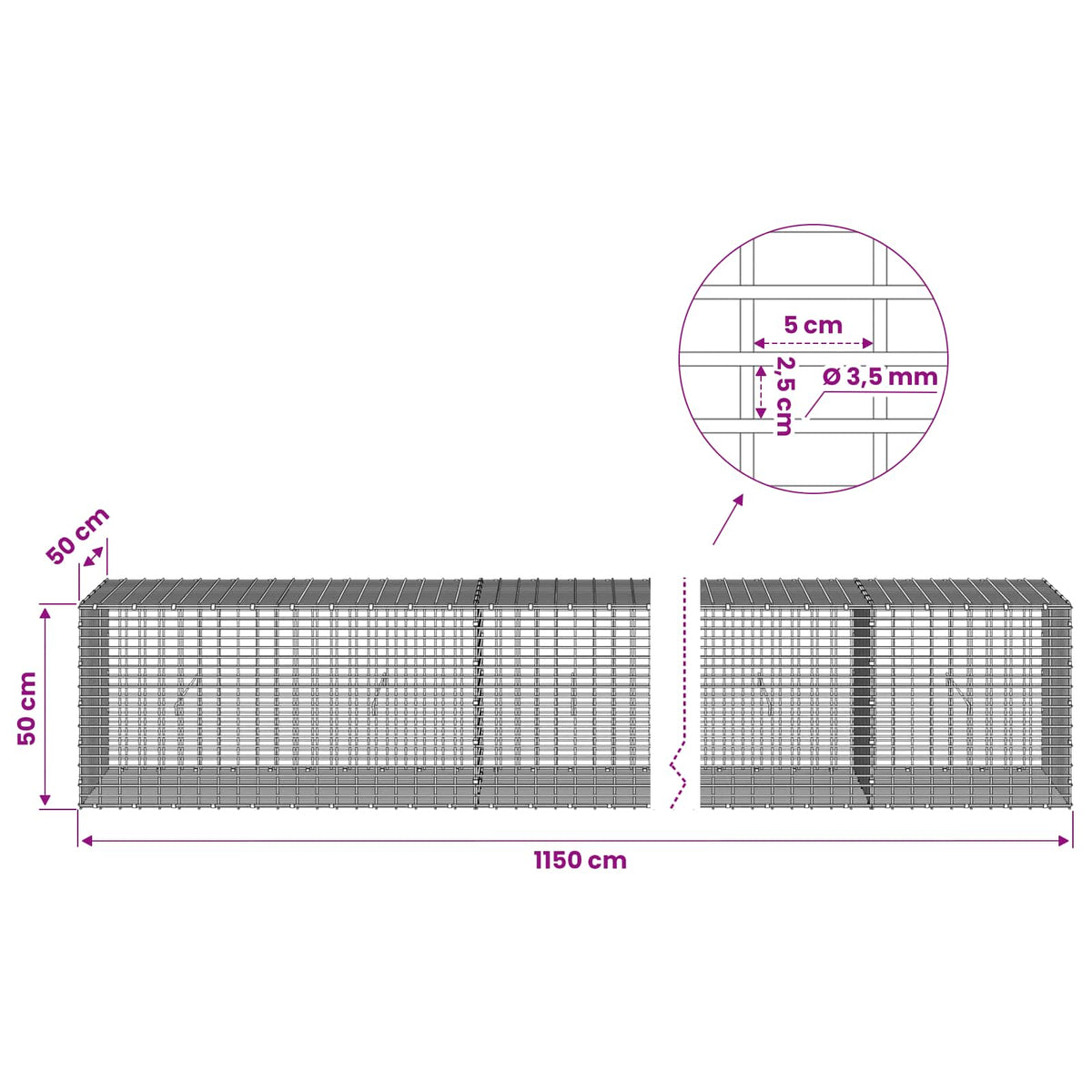 vidaXL Gabion with 3.5 mm Wire and 5x2.5 cm Mesh 1150x50x50 cm 6