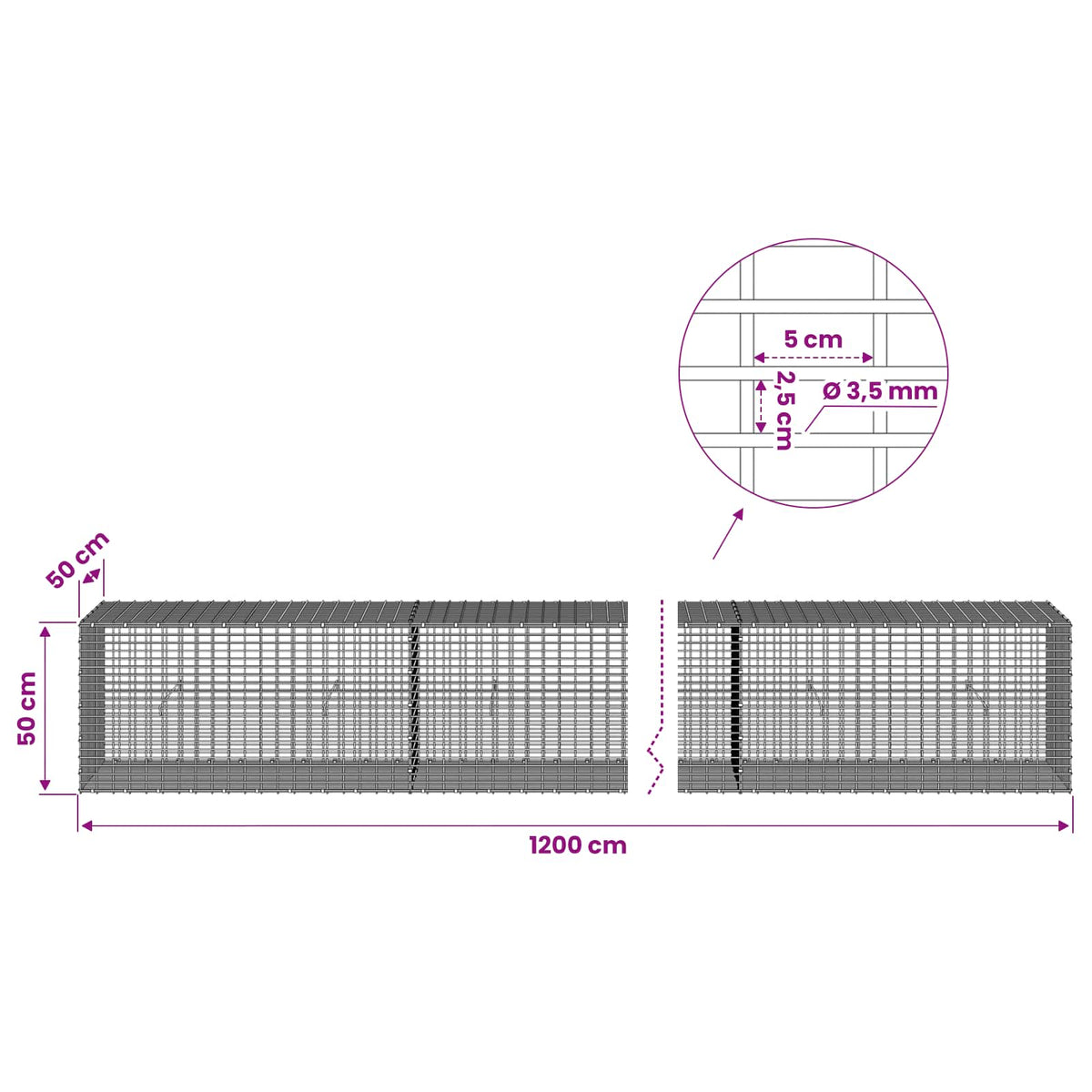 vidaXL Gabion with 3.5 mm Wire and 5x2.5 cm Mesh 1200x50x50 cm 6