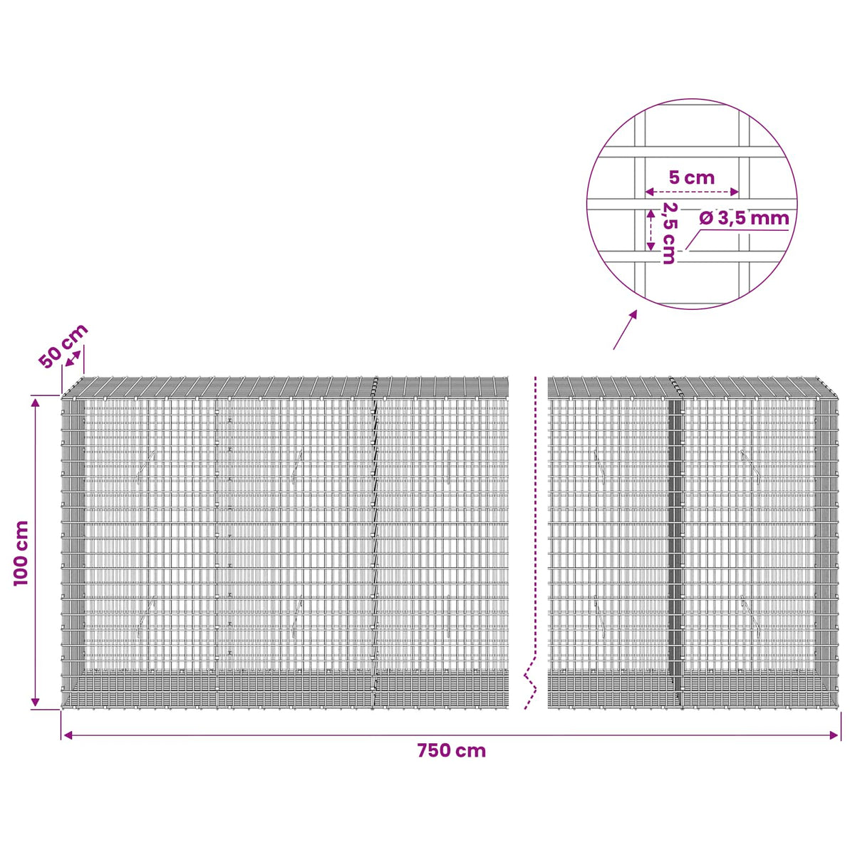 vidaXL Gabion with 3.5 mm Wire and 5x2.5 cm Mesh 750x50x100 cm 6
