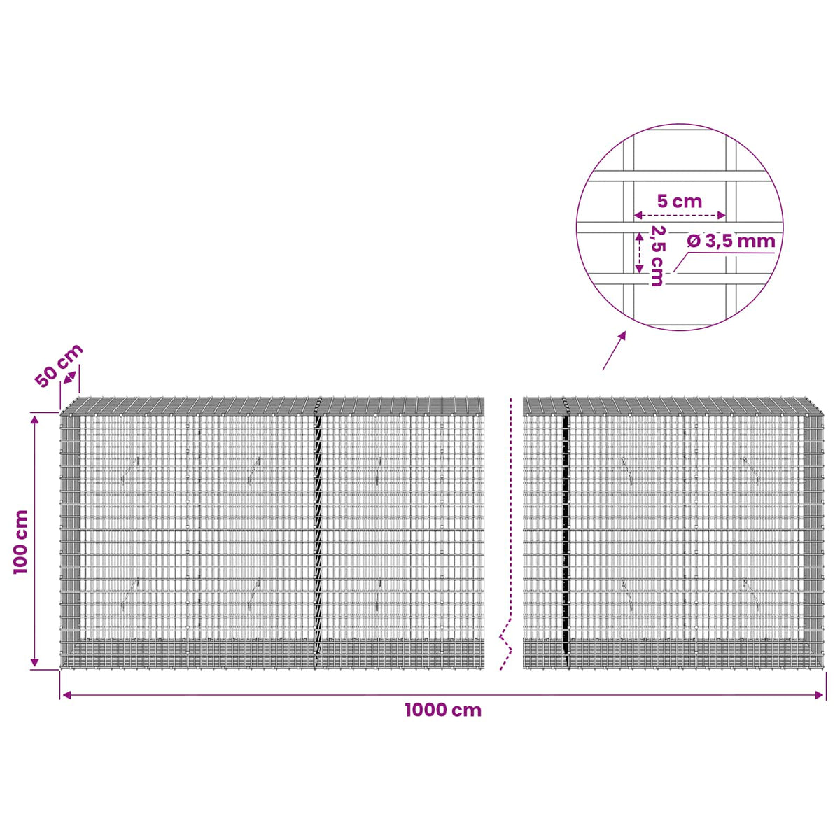 vidaXL Gabion with 3.5 mm Wire and 5x2.5 cm Mesh 1000x50x100 cm 6