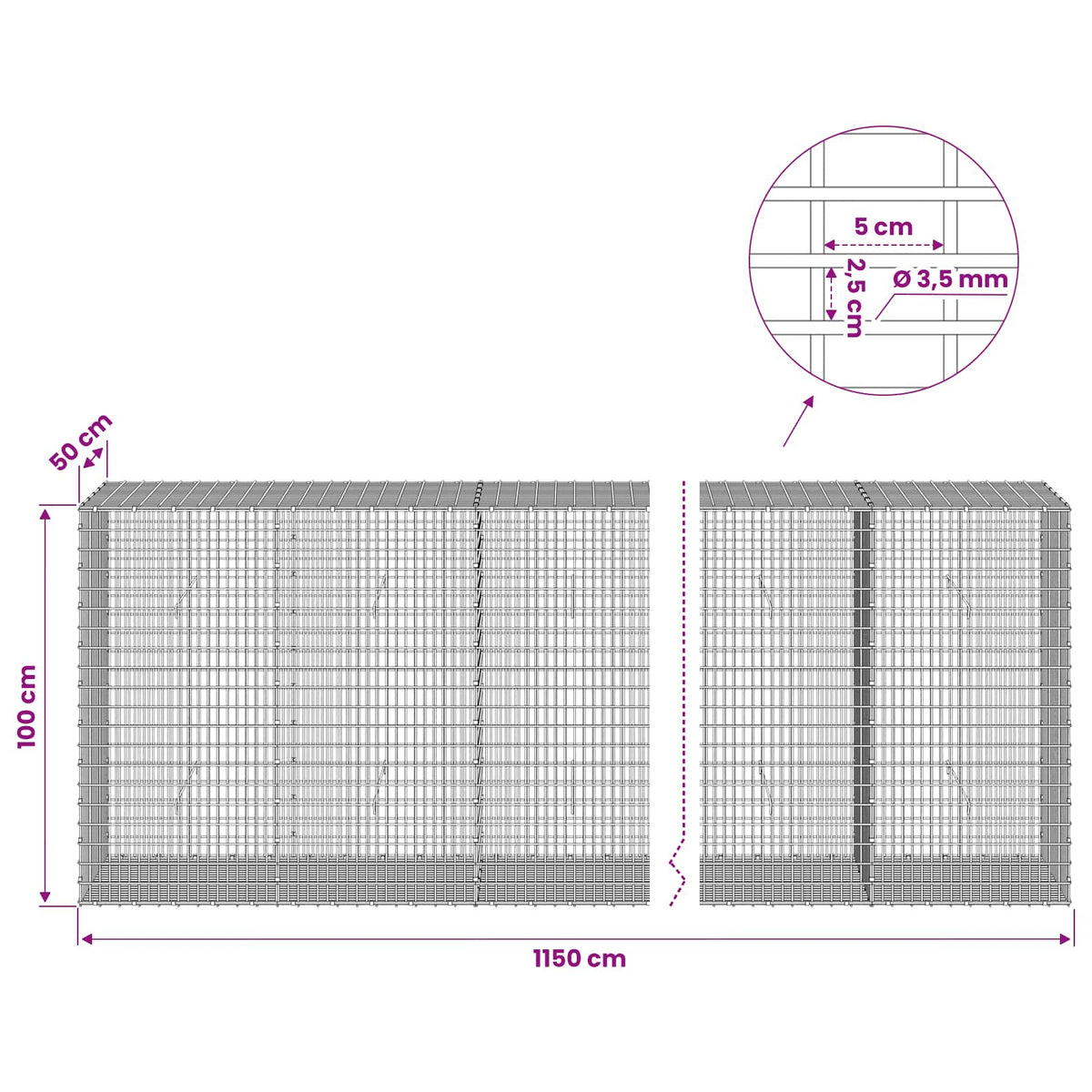 vidaXL Gabion with 3.5 mm Wire and 5x2.5 cm Mesh 1150x50x100 cm 6
