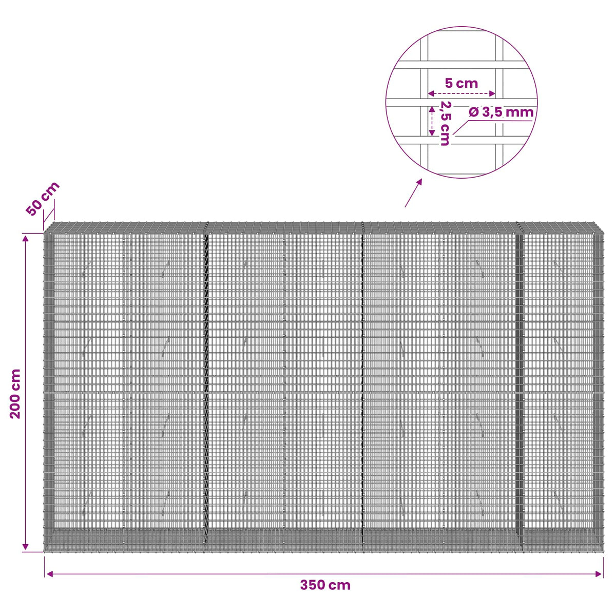 vidaXL Gabion with 3.5 mm Wire and 5x2.5 cm Mesh 350x50x200 cm 6