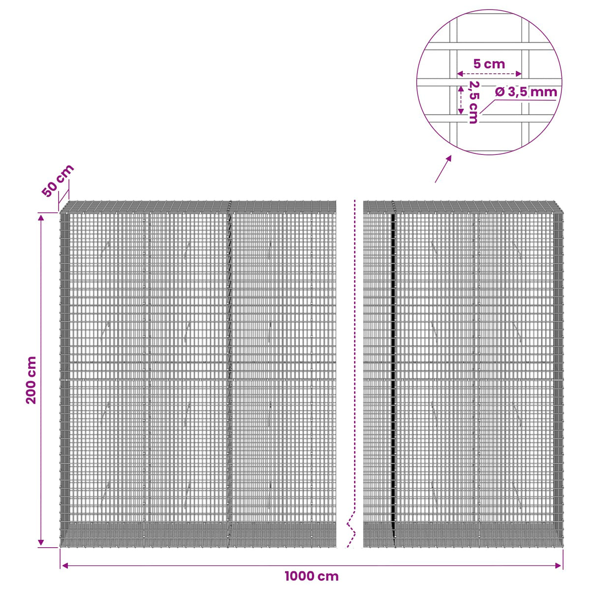 vidaXL Gabion with 3.5 mm Wire and 5x2.5 cm Mesh 1000x50x200 cm 6