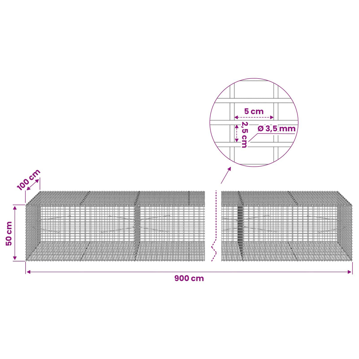 vidaXL Gabion with 3.5 mm Wire and 5x2.5 cm Mesh 900x100x50 cm 6