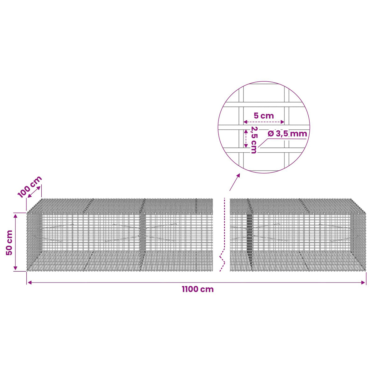 vidaXL Gabion with 3.5 mm Wire and 5x2.5 cm Mesh 1100x100x50 cm 6